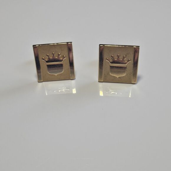*Sale* Vintage Cuff Link Pair Gold Tone Metal King Crown Center Mens Jewelry - Picture 9 of 9